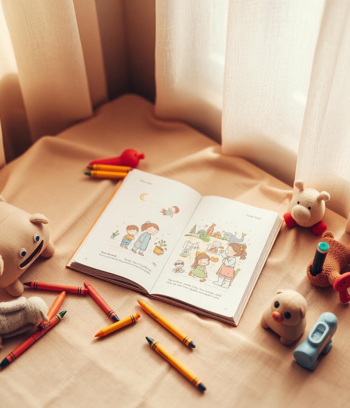 Livro infantil aberto com giz de cera e brinquedos ao redor