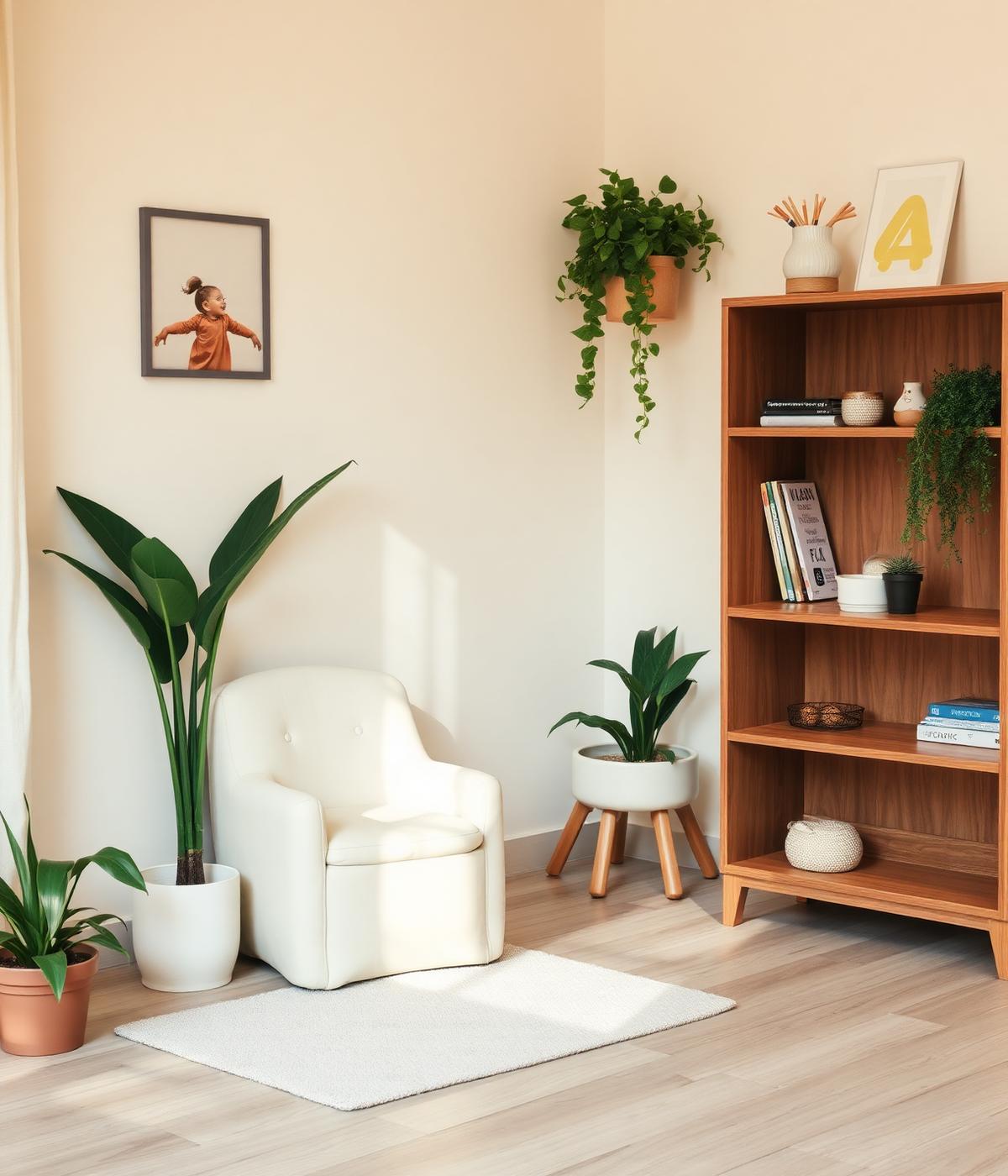 Cantinho acolhedor com poltrona, plantas e estante de materiais