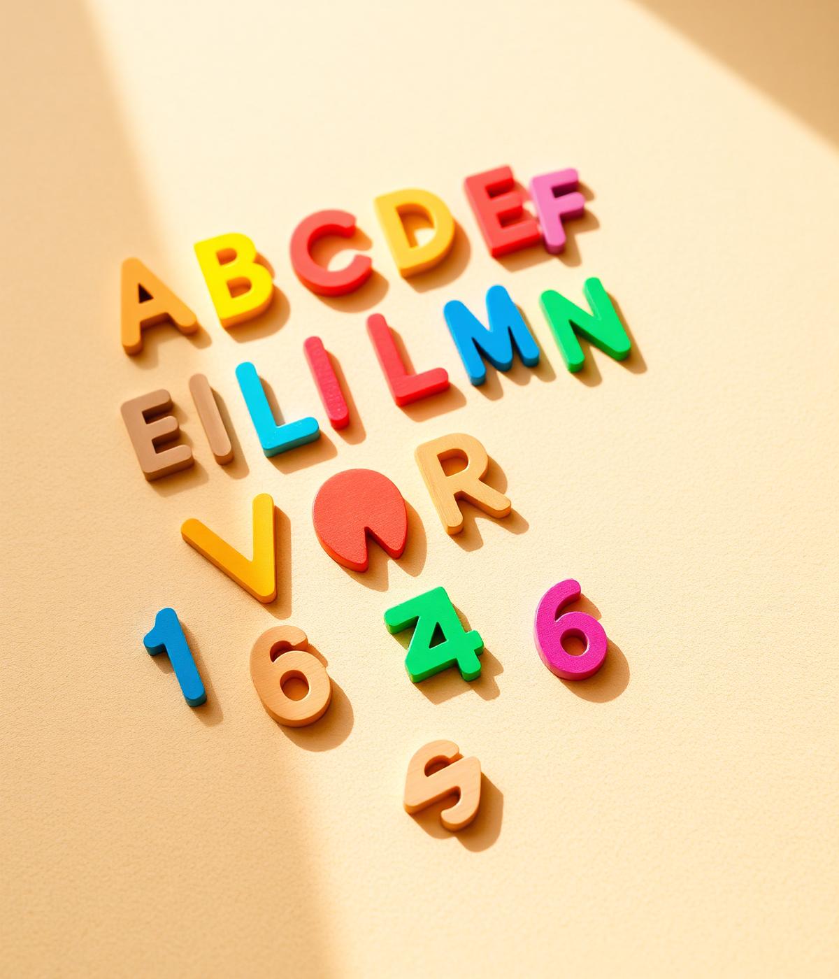 Letras e números coloridos organizados sobre superfície bege