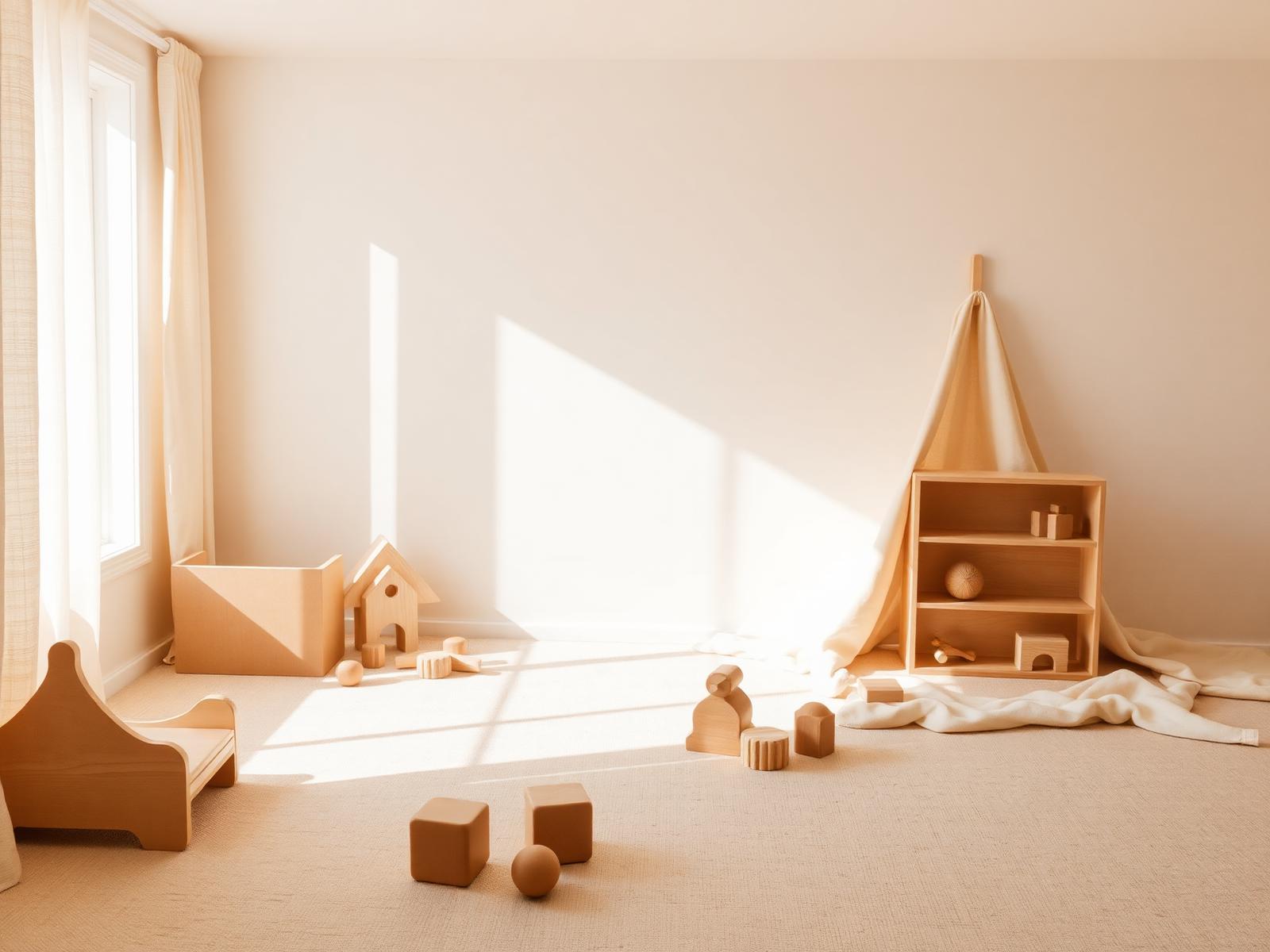 Espaço lúdico e acolhedor com materiais pedagógicos em madeira